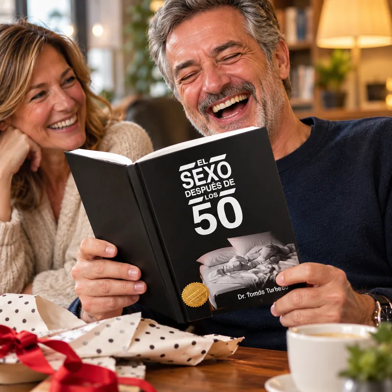 Amigos riendo y leyendo el libro de broma, regalo original y gracioso para un 50 cumpleaños